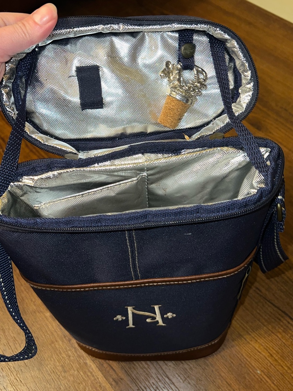 Picnic at Ascot Navy Blue Personalized Insulated Zipper Two Bottle Wine Cooler - Picture 5 of 11